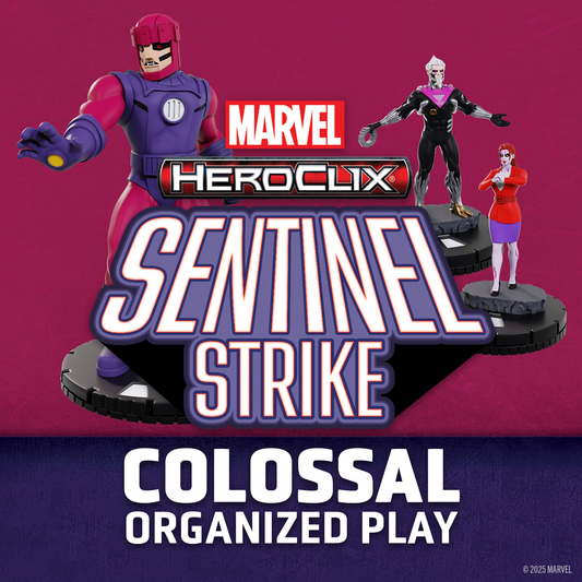 Marvel HeroClix Sentinel Strike game pieces on a purple and red background